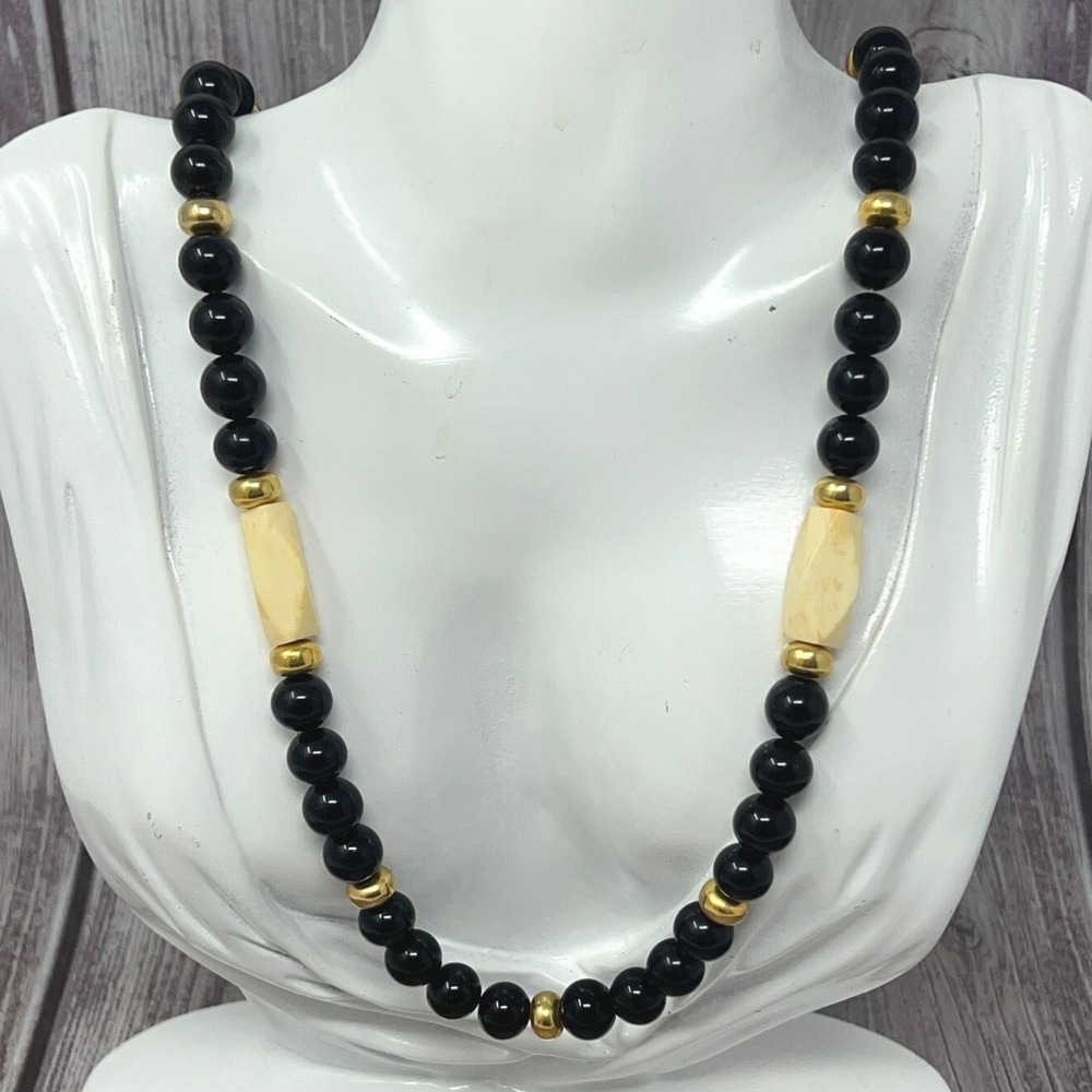 Vintage Beaded Necklace‎ Tan Beads Black Glass Gold Tone 24 inches